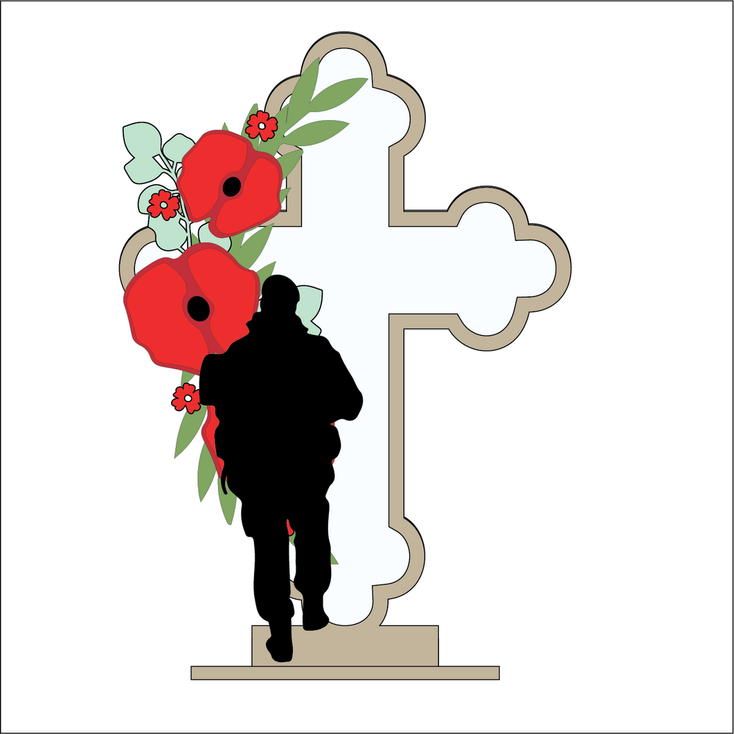 OL5051 - MDF and Acrylic Cross - Poppy Army Soldier 2 - Freestanding or Hanging/no holes - Acrylic white, or clear or MDF Cross - - Olifantjie - Wooden - MDF - Lasercut - Blank - Craft - Kit - Mixed Media - UK