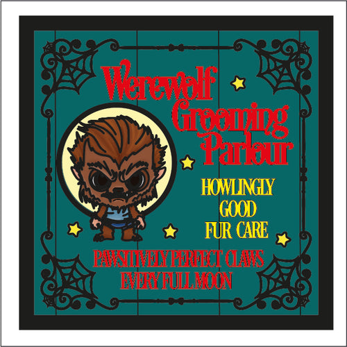 OL3471 - MDF Farmhouse Doodle Halloween  - Square layered Plaque - Werewolf Grooming Parlour - Olifantjie - Wooden - MDF - Lasercut - Blank - Craft - Kit - Mixed Media - UK
