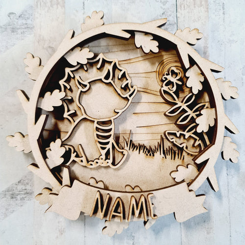 OL3217 - MDF Layered Doodle Woodland Dinosaur 1 Plaque Personalised - Olifantjie - Wooden - MDF - Lasercut - Blank - Craft - Kit - Mixed Media - UK