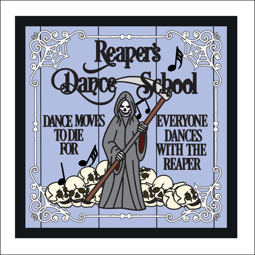 OL3468 - MDF Farmhouse Doodle Halloween  - Square layered Plaque - Reaper Dance School - Olifantjie - Wooden - MDF - Lasercut - Blank - Craft - Kit - Mixed Media - UK