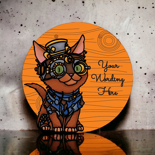 OL3231 - MDF Doodle Steampunk Cat Personalised Plaque - Olifantjie - Wooden - MDF - Lasercut - Blank - Craft - Kit - Mixed Media - UK