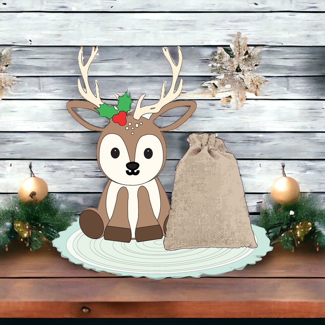 OL3373 - MDF Freestanding character with Burlap Sack - Reindeer - Olifantjie - Wooden - MDF - Lasercut - Blank - Craft - Kit - Mixed Media - UK