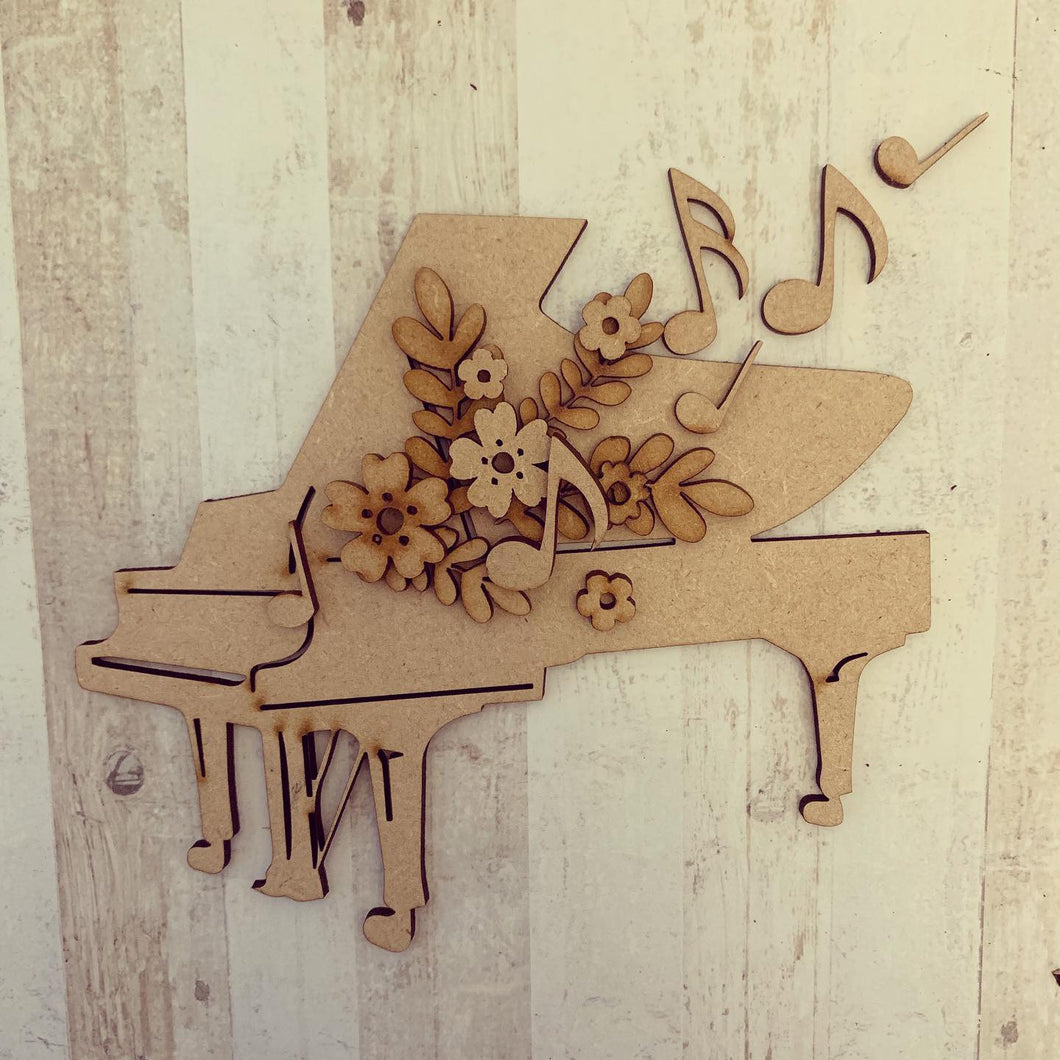 SALE - MDF BB38 Floral Grand Piano 20cm - Olifantjie - Wooden - MDF - Lasercut - Blank - Craft - Kit - Mixed Media - UK