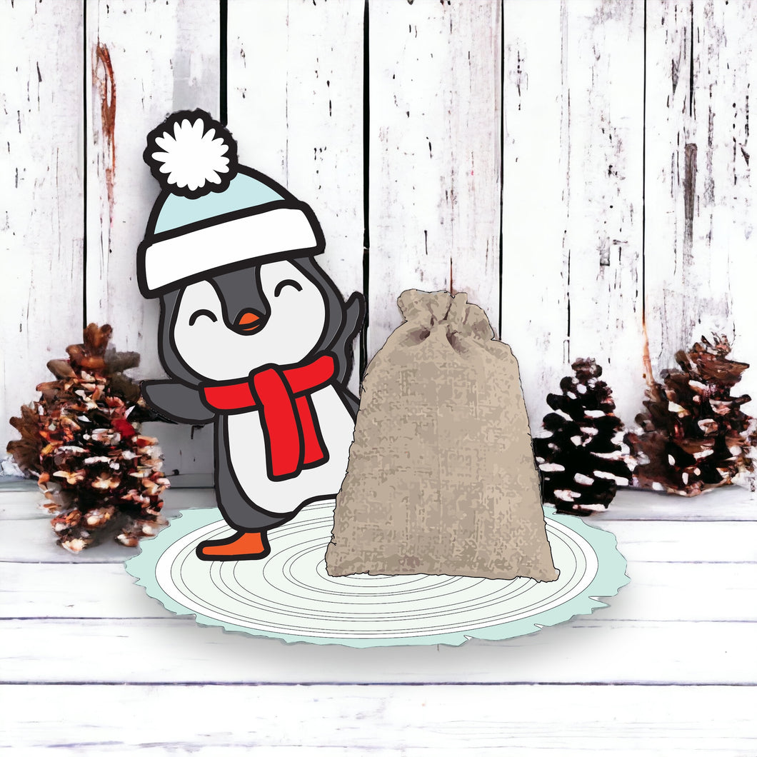 OL3375 - MDF Freestanding character with Burlap Sack - Penguin - Olifantjie - Wooden - MDF - Lasercut - Blank - Craft - Kit - Mixed Media - UK