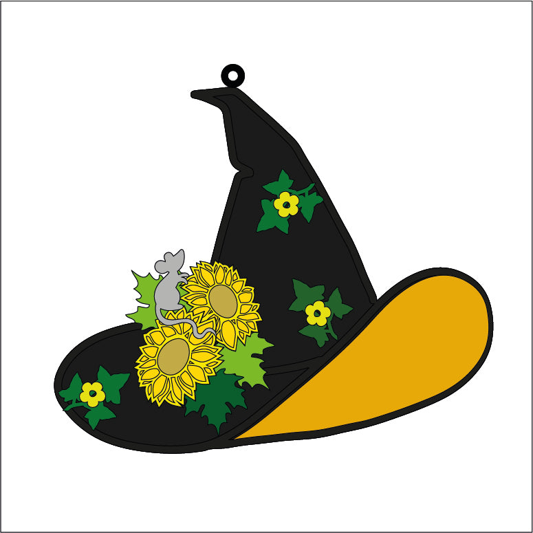 OL3402 - MDF 22.5cm witch hat optional hanging  Kit - Sunflowers - Olifantjie - Wooden - MDF - Lasercut - Blank - Craft - Kit - Mixed Media - UK