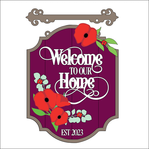 OL3427 - MDF Floral ‘Welcome to our home’ Est… - Hanging layered Sign - Poppy - Olifantjie - Wooden - MDF - Lasercut - Blank - Craft - Kit - Mixed Media - UK