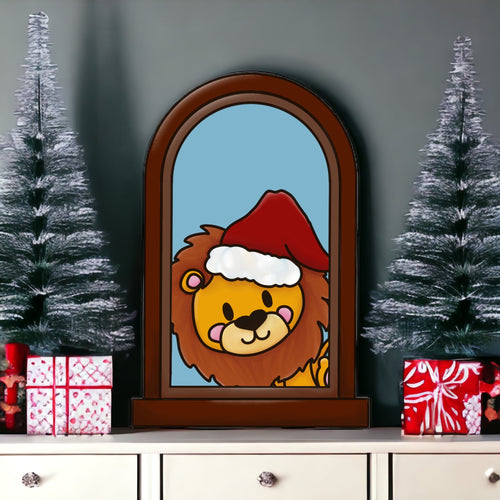 OL4013 - MDF Lion Christmas Window  Doodle Kit - Olifantjie - Wooden - MDF - Lasercut - Blank - Craft - Kit - Mixed Media - UK