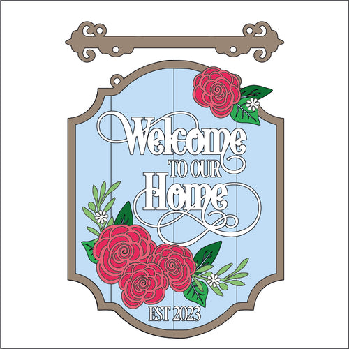 OL4211 - MDF Floral ‘Welcome to our home’ Est… - Hanging layered Sign - Roses - Olifantjie - Wooden - MDF - Lasercut - Blank - Craft - Kit - Mixed Media - UK