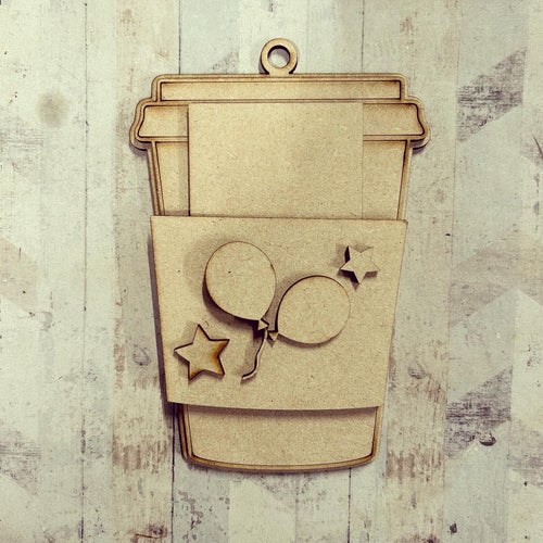 OL4133 - MDF Gift Card Holder - Coffee / Drink Cup - Balloons - Olifantjie - Wooden - MDF - Lasercut - Blank - Craft - Kit - Mixed Media - UK