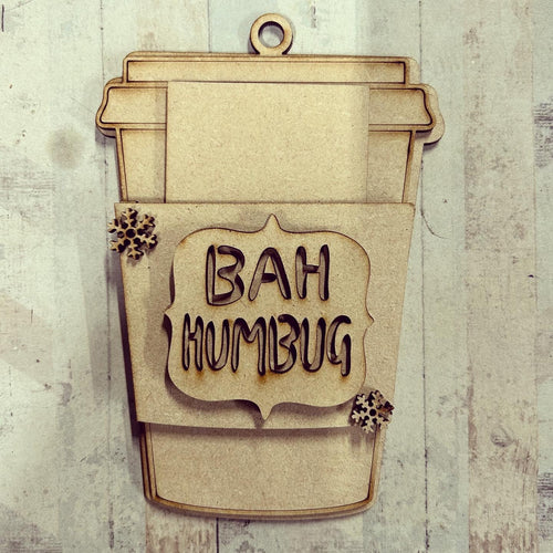 OL4115 - MDF Gift Card Holder - Coffee / Drink Cup - Bah Humbug - Olifantjie - Wooden - MDF - Lasercut - Blank - Craft - Kit - Mixed Media - UK