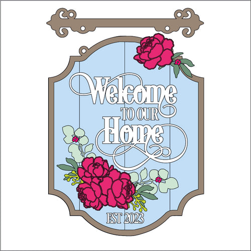 OL4210 - MDF Floral ‘Welcome to our home’ Est… - Hanging layered Sign - Peonies - Olifantjie - Wooden - MDF - Lasercut - Blank - Craft - Kit - Mixed Media - UK