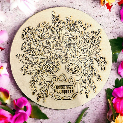 OL3306      - MDF Large Doodle Floral Skull plaque - Olifantjie - Wooden - MDF - Lasercut - Blank - Craft - Kit - Mixed Media - UK