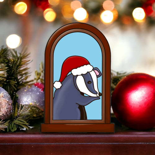 OL3504 - MDF Badger Christmas Window  Doodle Kit - Olifantjie - Wooden - MDF - Lasercut - Blank - Craft - Kit - Mixed Media - UK