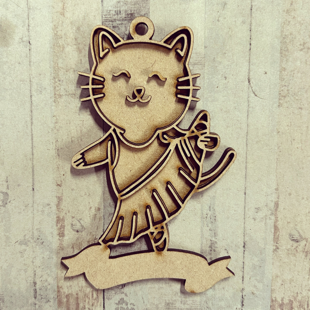 DN064 - MDF Doodle Ballet Dance Cat Hanging - With or without Banner - Olifantjie - Wooden - MDF - Lasercut - Blank - Craft - Kit - Mixed Media - UK