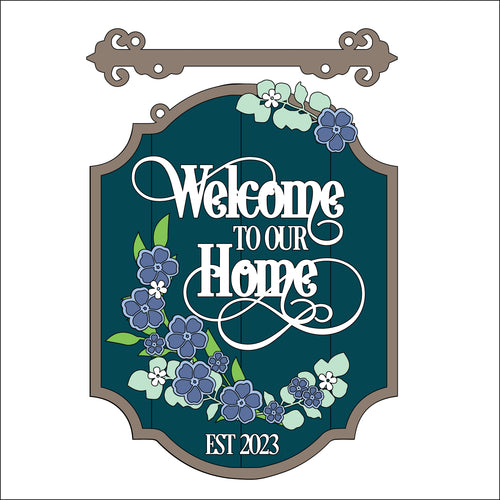 OL3431 - MDF Floral ‘Welcome to our home’ Est… - Hanging layered Sign - Forget me not - Olifantjie - Wooden - MDF - Lasercut - Blank - Craft - Kit - Mixed Media - UK