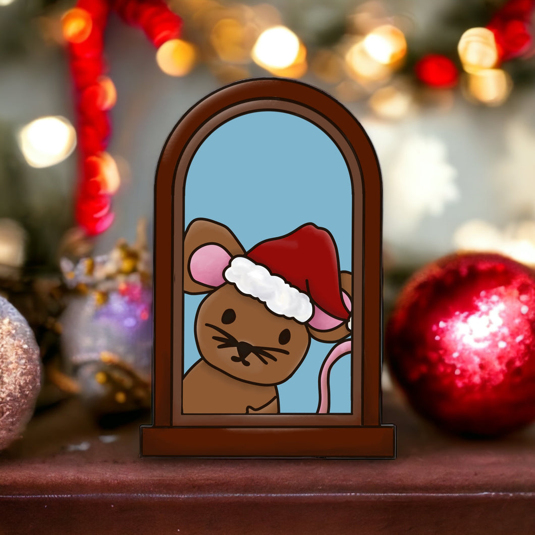 OL4101  - MDF Mouse Christmas Window  Doodle Kit - Olifantjie - Wooden - MDF - Lasercut - Blank - Craft - Kit - Mixed Media - UK