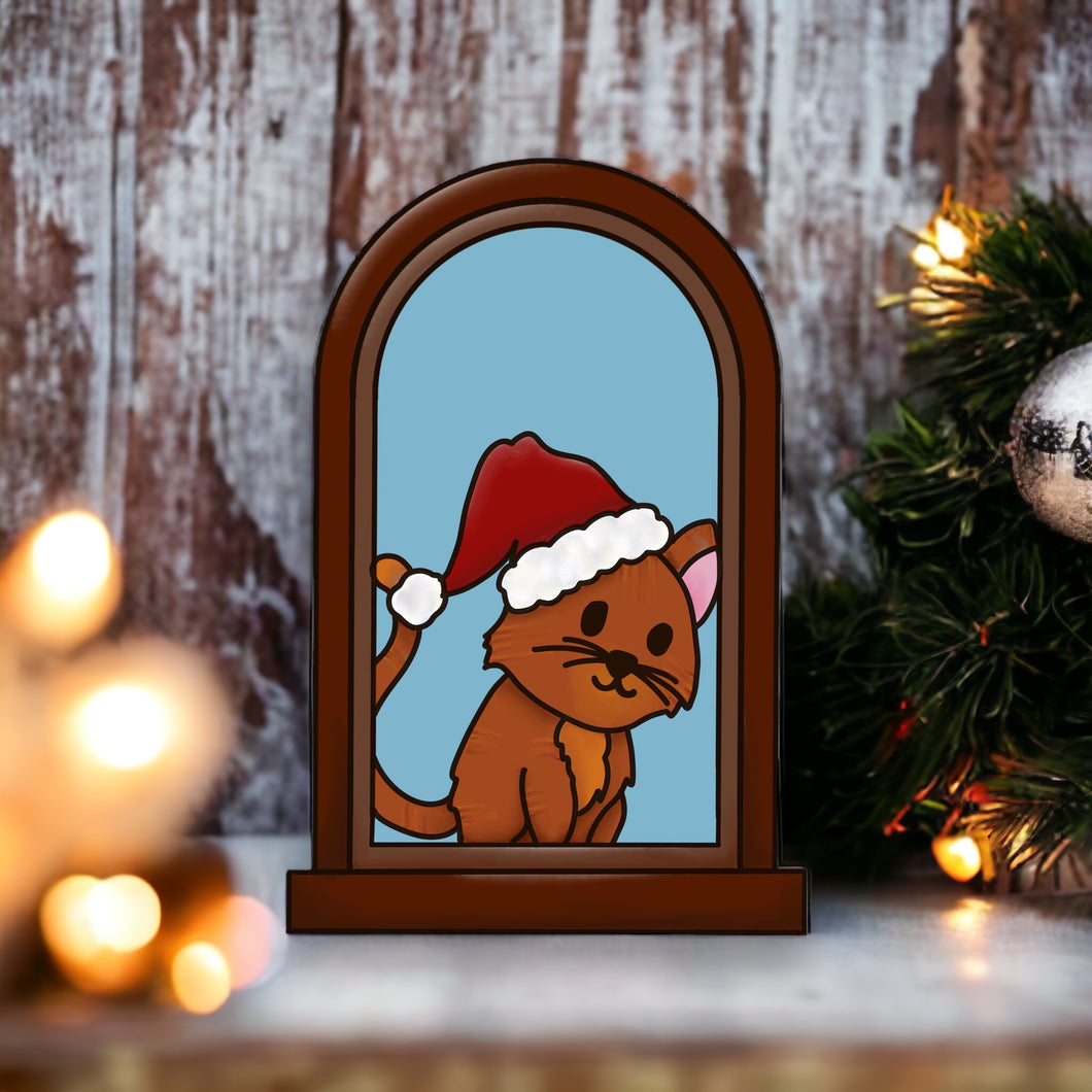 OL4019 - MDF Cat Christmas Window  Doodle Kit - Olifantjie - Wooden - MDF - Lasercut - Blank - Craft - Kit - Mixed Media - UK