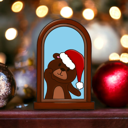 OL4196 - MDF Bear Christmas Window  Doodle Kit - Olifantjie - Wooden - MDF - Lasercut - Blank - Craft - Kit - Mixed Media - UK