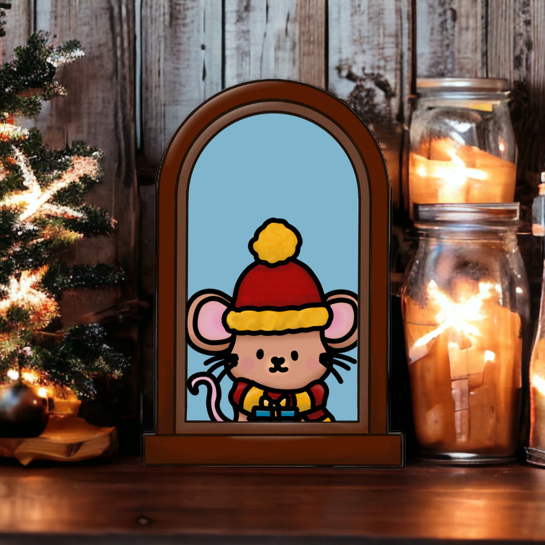 OL3381 - MDF Mouse Christmas Window  Doodle Kit - Olifantjie - Wooden - MDF - Lasercut - Blank - Craft - Kit - Mixed Media - UK