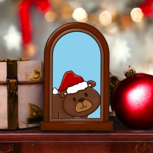 OL3417 - MDF Bear Christmas Window  Doodle Kit - Olifantjie - Wooden - MDF - Lasercut - Blank - Craft - Kit - Mixed Media - UK