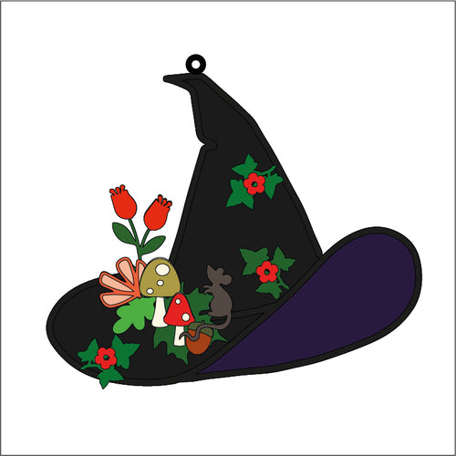 OL3400 - MDF 22.5cm witch hat optional hanging  Kit - autumn flowers - Olifantjie - Wooden - MDF - Lasercut - Blank - Craft - Kit - Mixed Media - UK