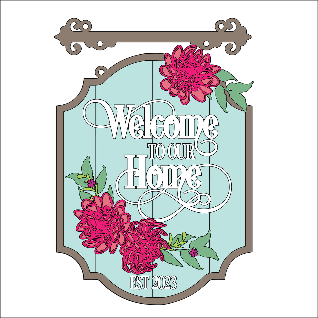 OL3429 - MDF Floral ‘Welcome to our home’ Est… - Hanging layered Sign - Chrysanthemum - Olifantjie - Wooden - MDF - Lasercut - Blank - Craft - Kit - Mixed Media - UK