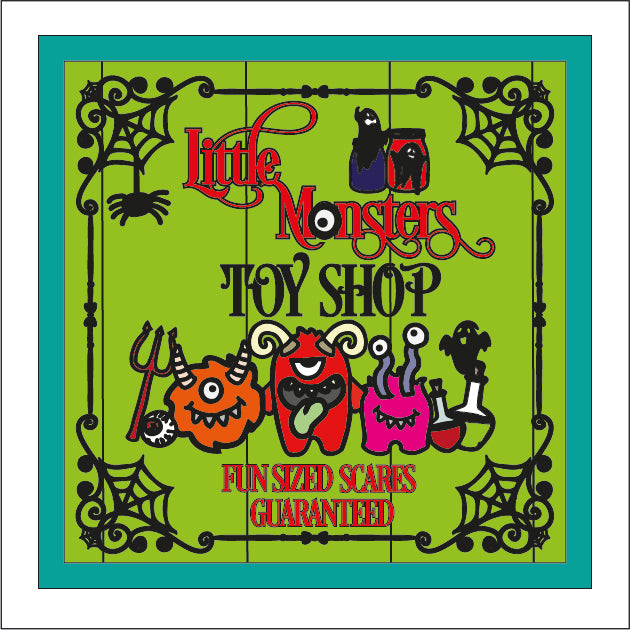 OL3469 - MDF Farmhouse Doodle Halloween  - Square layered Plaque - Little Monsters Toy shop - Olifantjie - Wooden - MDF - Lasercut - Blank - Craft - Kit - Mixed Media - UK