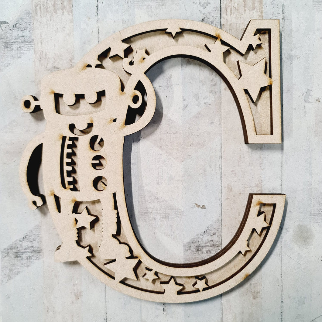DL056 - MDF Robot Themed Layered Letter (without name) - Olifantjie - Wooden - MDF - Lasercut - Blank - Craft - Kit - Mixed Media - UK