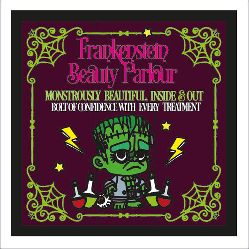 OL3470 - MDF Farmhouse Doodle Halloween  - Square layered Plaque - Frankenstein Beauty Parlour - Olifantjie - Wooden - MDF - Lasercut - Blank - Craft - Kit - Mixed Media - UK