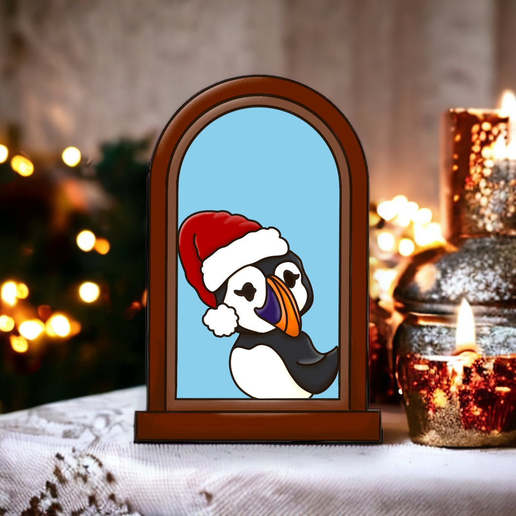 OL4192 - MDF Puffin Christmas Window  Doodle Kit - Olifantjie - Wooden - MDF - Lasercut - Blank - Craft - Kit - Mixed Media - UK