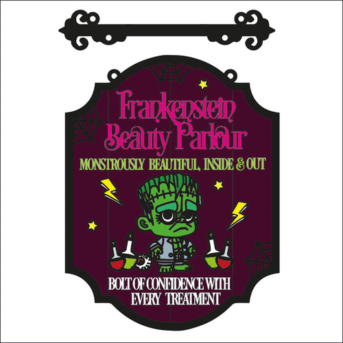 OL3476 - MDF Farmhouse Doodle Halloween - Hanging Sign Layered Plaque - Frankenstein beauty parlour - Olifantjie - Wooden - MDF - Lasercut - Blank - Craft - Kit - Mixed Media - UK