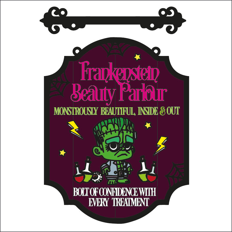 OL3476 - MDF Farmhouse Doodle Halloween - Hanging Sign Layered Plaque - Frankenstein beauty parlour - Olifantjie - Wooden - MDF - Lasercut - Blank - Craft - Kit - Mixed Media - UK