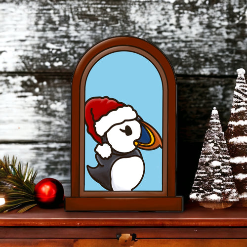 OL3507 - MDF Puffin Christmas Window  Doodle Kit - Olifantjie - Wooden - MDF - Lasercut - Blank - Craft - Kit - Mixed Media - UK