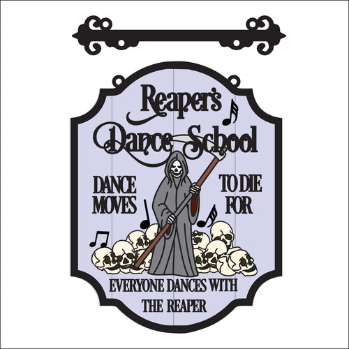 OL3474 - MDF Farmhouse Doodle Halloween - Hanging Sign Layered Plaque - Reaper Dance School - Olifantjie - Wooden - MDF - Lasercut - Blank - Craft - Kit - Mixed Media - UK