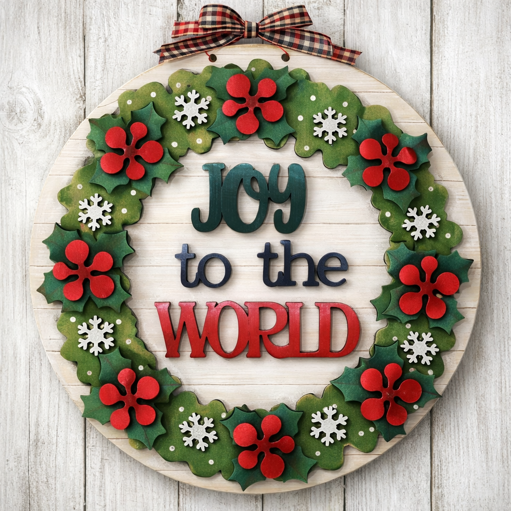 Sale NO046 - MDF Joy to World Holly Wreath Plaque 20cm - Olifantjie - Wooden - MDF - Lasercut - Blank - Craft - Kit - Mixed Media - UK