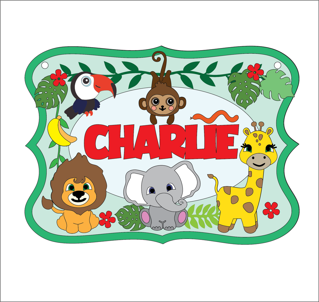 OL5140 - MDF Large Jungle Themed Layered Personalised Plaque optional hanging - Olifantjie - Wooden - MDF - Lasercut - Blank - Craft - Kit - Mixed Media - UK