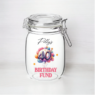 UV369 - Personalised Fund Jar UVDTF Decal - Birthday Themed - 40th Style 1 - Olifantjie - Wooden - MDF - Lasercut - Blank - Craft - Kit - Mixed Media - UK