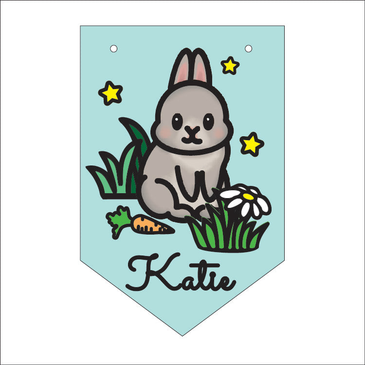 FG053 - MDF Themed Personalised Pennant Flag - MDF Doodle Cute Pet - Rabbit - Olifantjie - Wooden - MDF - Lasercut - Blank - Craft - Kit - Mixed Media - UK