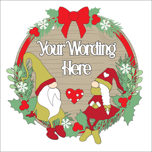 W089 - MDF Large 25cm christmas gnome wreath with your wording - Olifantjie - Wooden - MDF - Lasercut - Blank - Craft - Kit - Mixed Media - UK