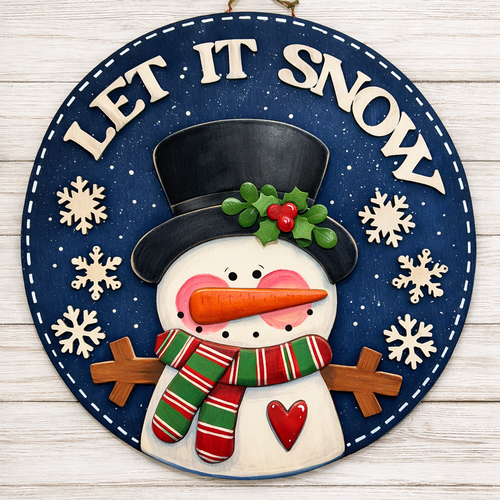 NO775 - MDF Round Let it Snow Snowman Hanging Plaque - Olifantjie - Wooden - MDF - Lasercut - Blank - Craft - Kit - Mixed Media - UK