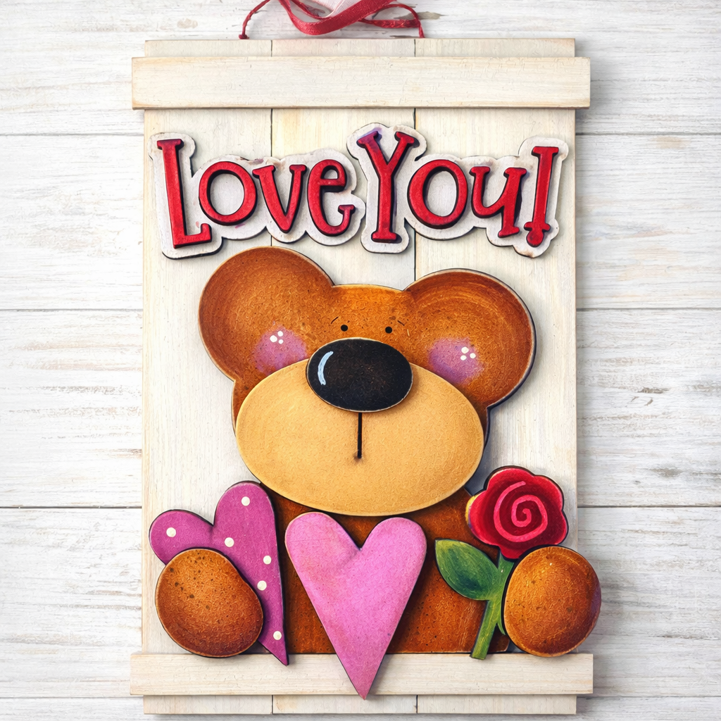 NO827 - MDF Cute Teddy Love You plank hanging decoration - Olifantjie - Wooden - MDF - Lasercut - Blank - Craft - Kit - Mixed Media - UK