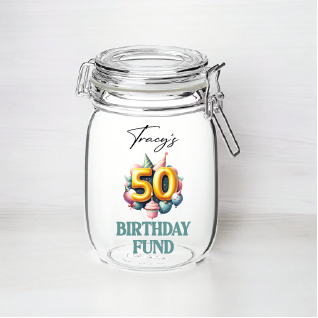 UV370 - Personalised Fund Jar UVDTF Decal - Birthday Themed - 50th Style 1 - Olifantjie - Wooden - MDF - Lasercut - Blank - Craft - Kit - Mixed Media - UK