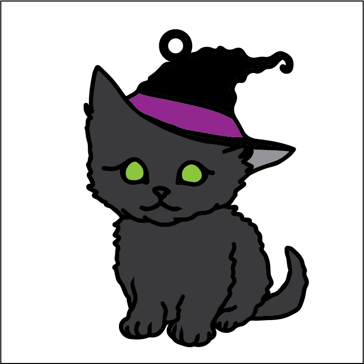 OL5400 - MDF Doodle Style Halloween Hanging - with or without banner - Cute Cat Witch Hat - Olifantjie - Wooden - MDF - Lasercut - Blank - Craft - Kit - Mixed Media - UK