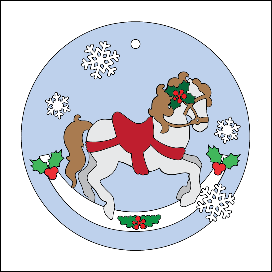 OL5403 - MDF 2 Sizes Christmas  Round Christmas Hanging Bauble - Rocking Horse - Olifantjie - Wooden - MDF - Lasercut - Blank - Craft - Kit - Mixed Media - UK