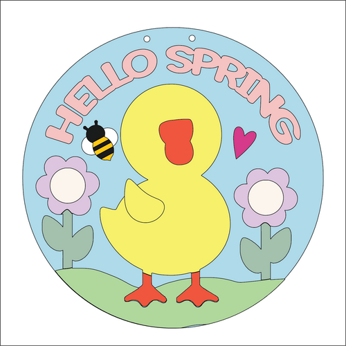 NO683 - MDF Large Hello Spring Chick Round Hanging - Olifantjie - Wooden - MDF - Lasercut - Blank - Craft - Kit - Mixed Media - UK