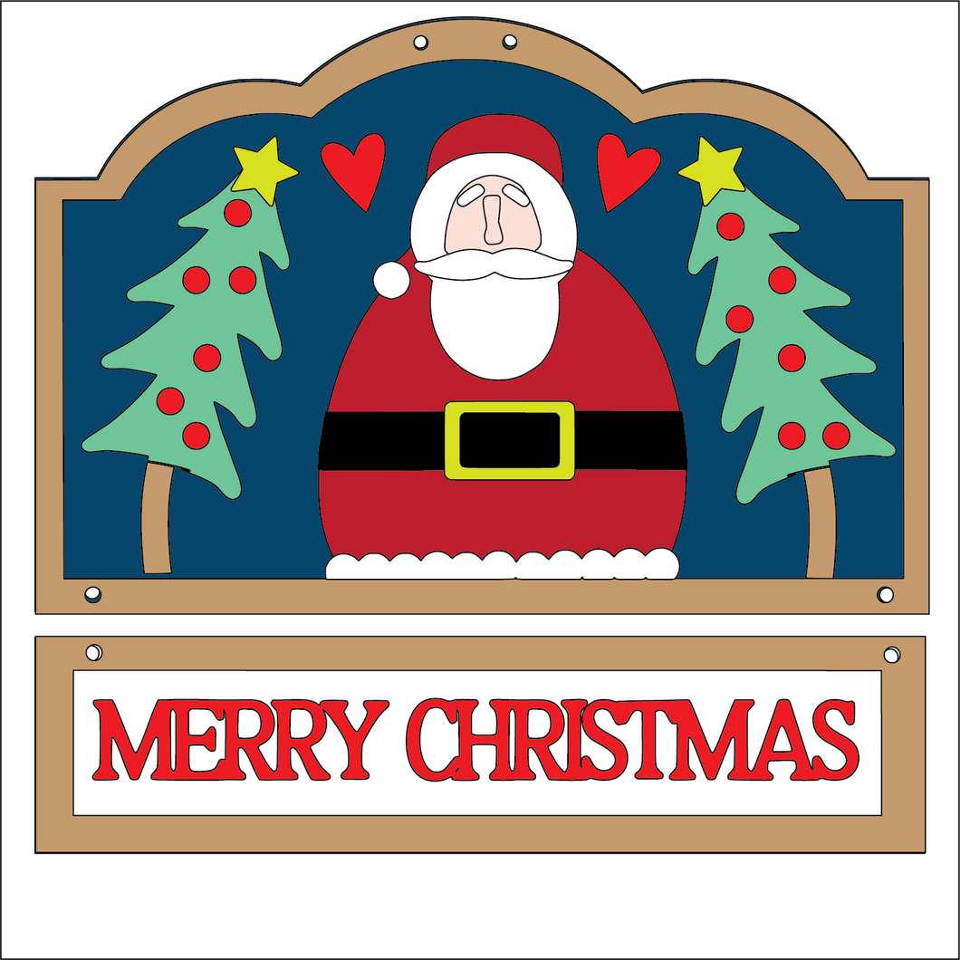 NO732 - MDF Large Simplify Primitive Folk Floral Style Santa Merry Christmas Hanging Plaque - Olifantjie - Wooden - MDF - Lasercut - Blank - Craft - Kit - Mixed Media - UK