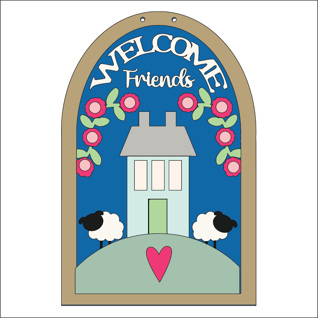 NO740 - MDF Large Folk Arch Welcome Friends - House and Sheep Hanging Plaque - Olifantjie - Wooden - MDF - Lasercut - Blank - Craft - Kit - Mixed Media - UK