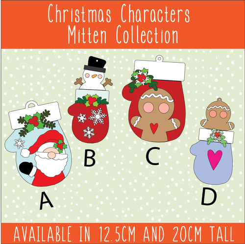 NO805 - MDF Christmas Character Mittens Hanging Collection - Olifantjie - Wooden - MDF - Lasercut - Blank - Craft - Kit - Mixed Media - UK