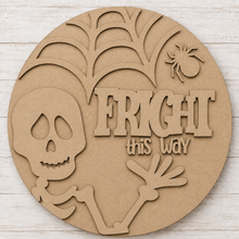 NO927 - MDF Round Halloween Skeleton Fright this way Hanging Plaque