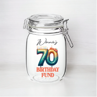 UV372 - Personalised Fund Jar UVDTF Decal - Birthday Themed - 70th Style 1 - Olifantjie - Wooden - MDF - Lasercut - Blank - Craft - Kit - Mixed Media - UK